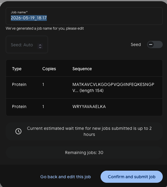 AlphaFold3 job submission — SOD1 A4V + WRYYAVAAELKA