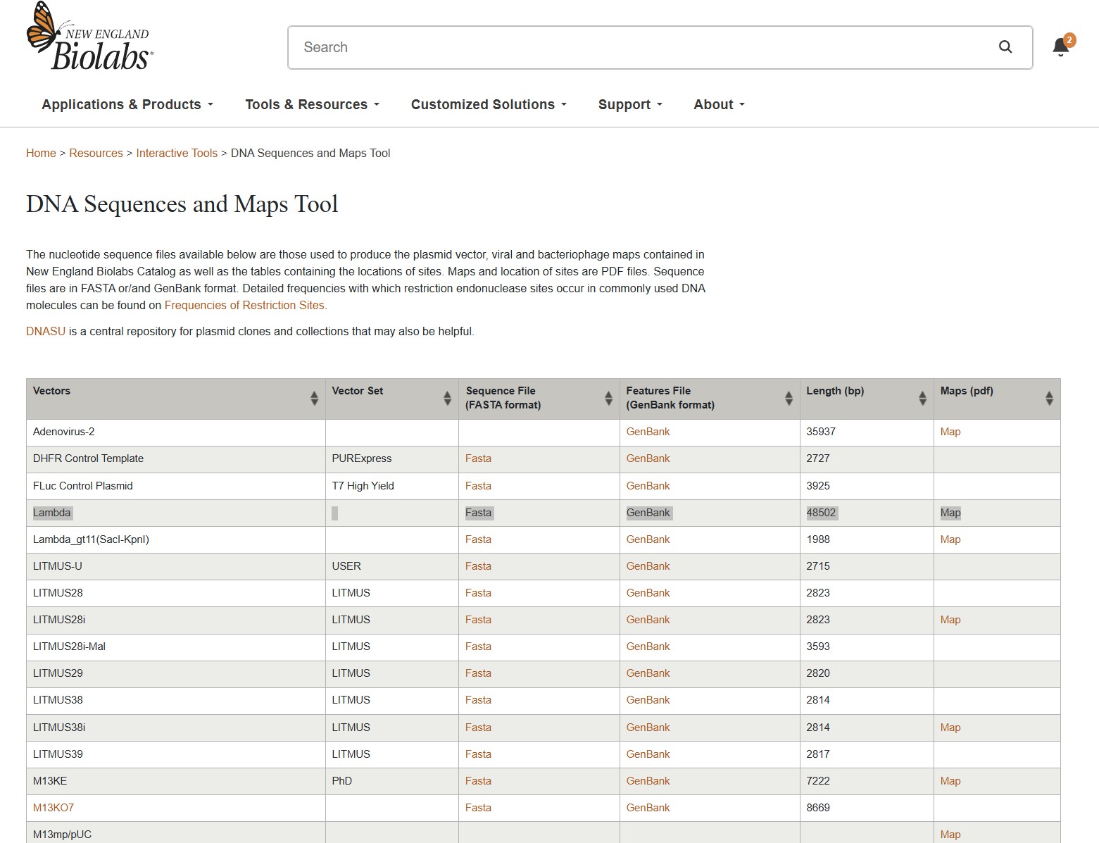 Biolabs Lambda webpage