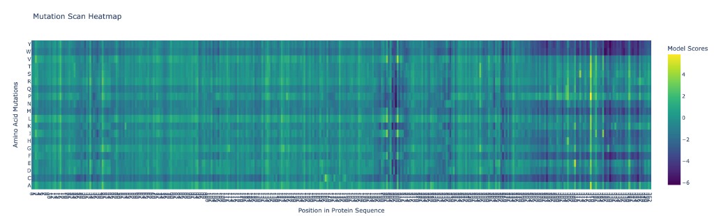 ESM2 Deep Mutational Scan Heatmap — Rows = 20 amino acids, Columns = sequence positions. Blue/dark = tolerated mutations, Yellow/bright = deleterious mutations