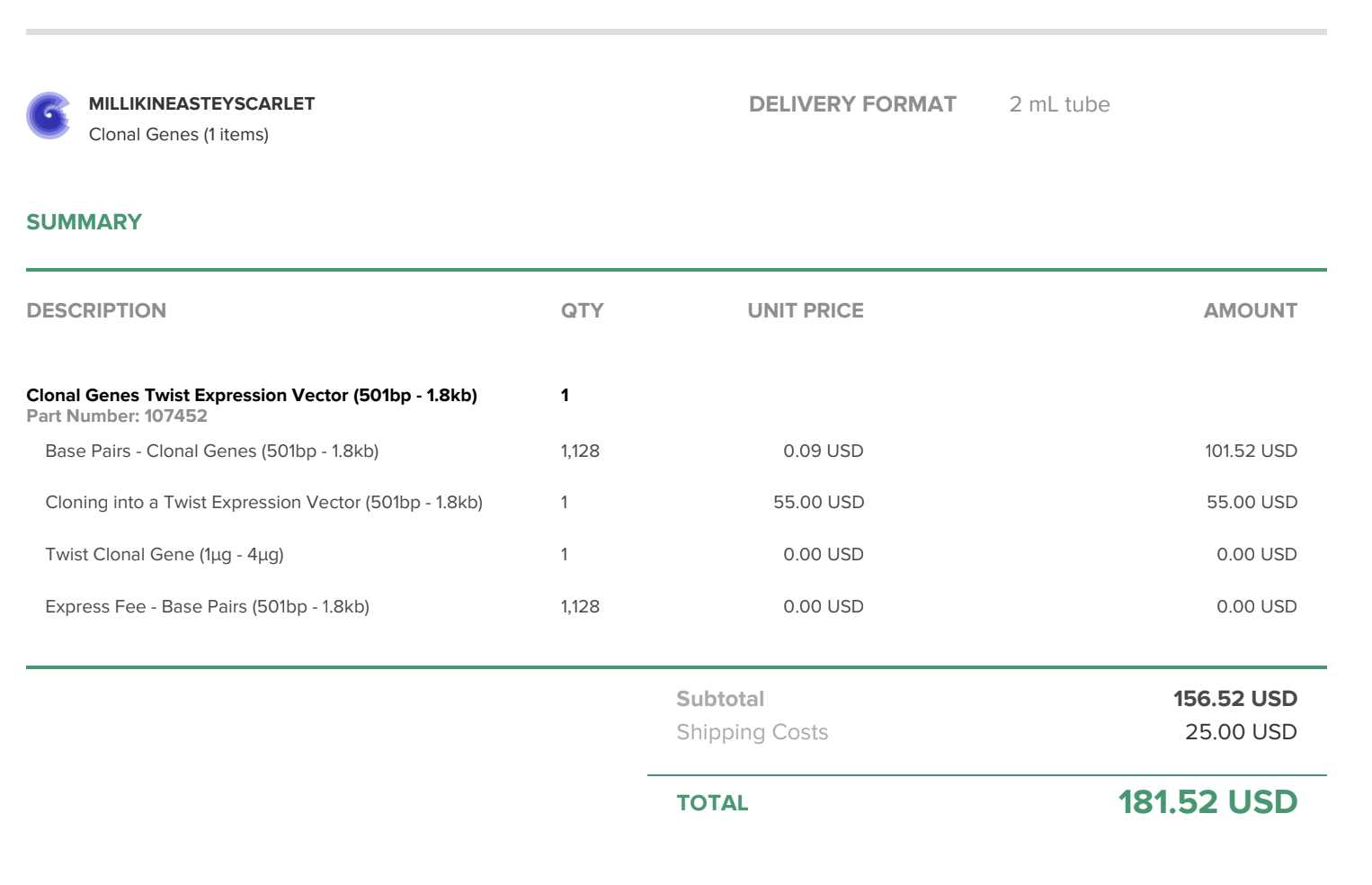 Twist Bioscience order screenshot