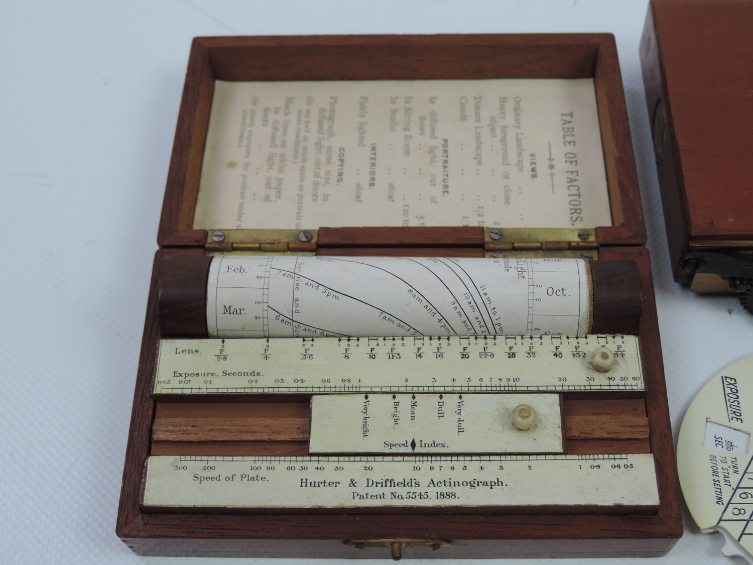 Hurter & Driffield - 1888 Actinograph photographic exposure calculator with logarithmic curve