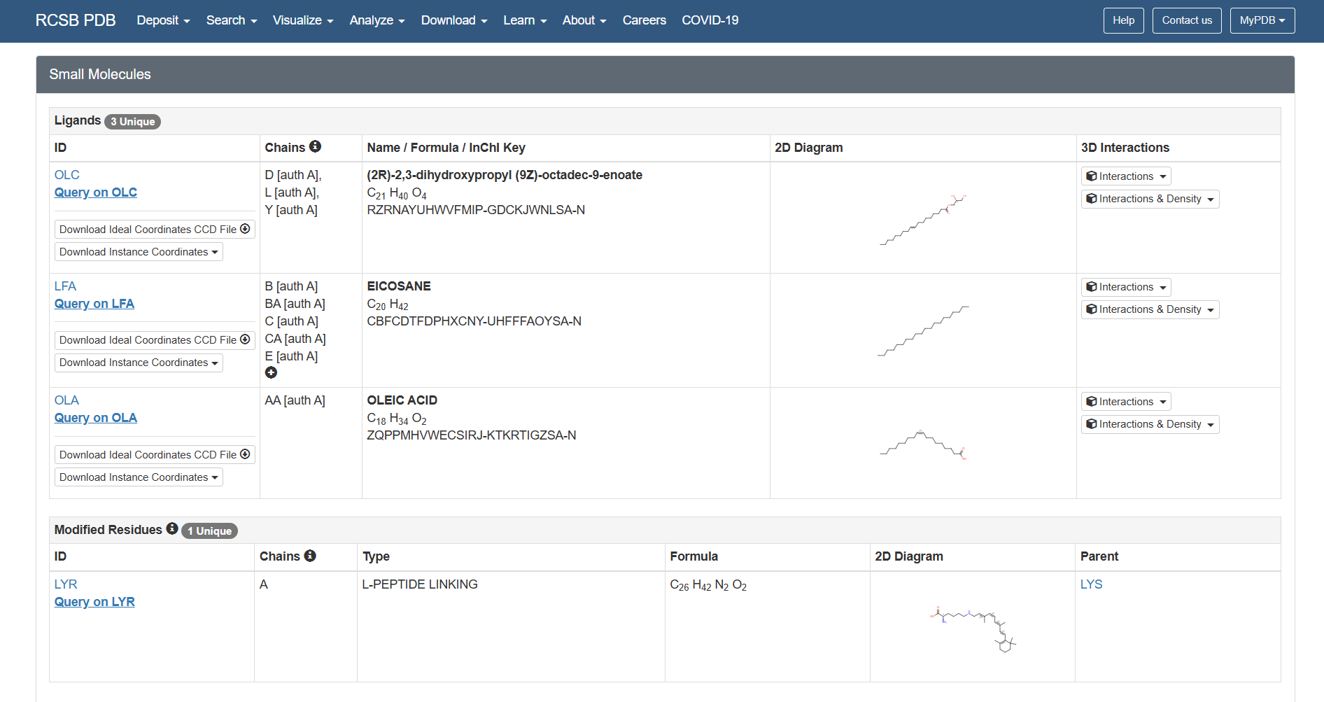 Other molecules in the bR protein - structure page screenshot