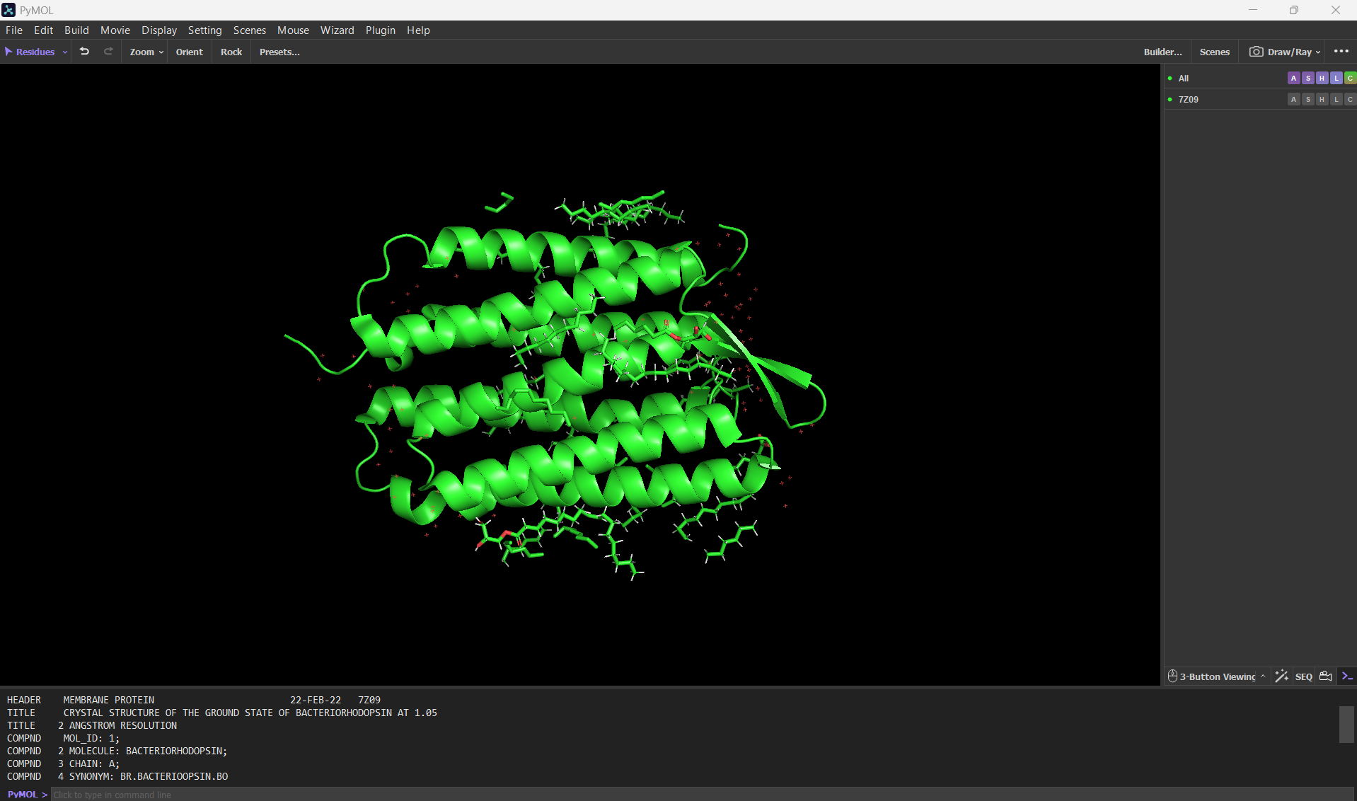 PyMol and the bR protein structure screenshot