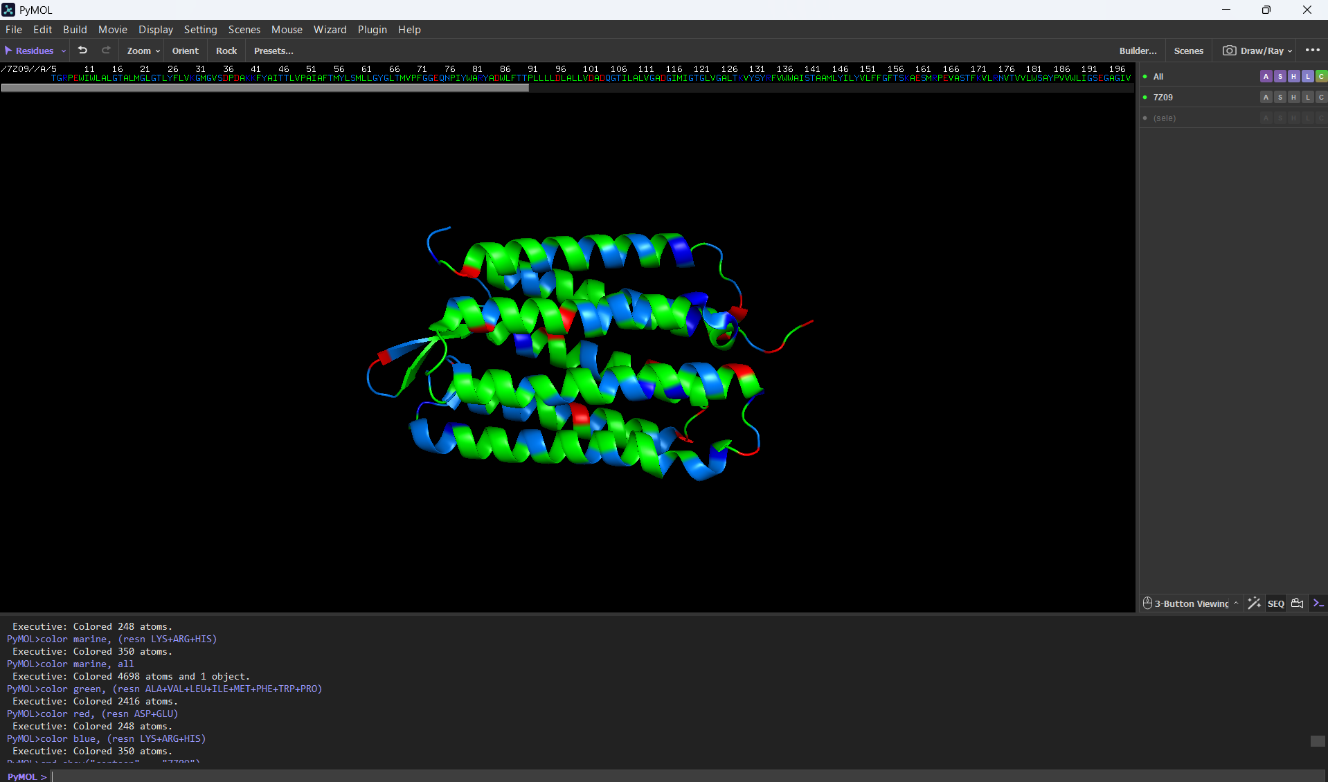 bR protein colored by residue type screenshot