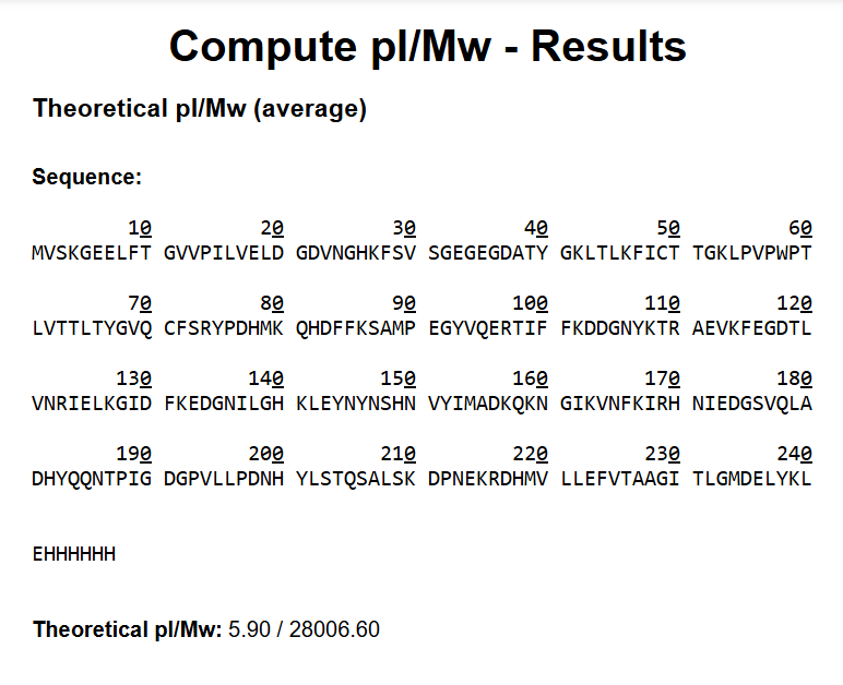 Theoretical molecular weight of the modified eGFP amino acid sequence using the expasy calculator.