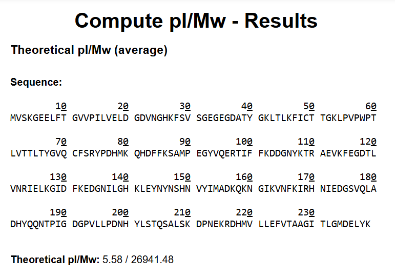 Theoretical molecular weight of the original eGFP amino acid sequence using the expasy calculator.