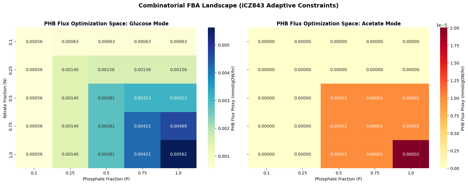 FBA combinatorial landscape heatmap showing PHB precursor flux across nitrogen, phosphorus, and carbon source conditions in C. vulgaris iCZ843