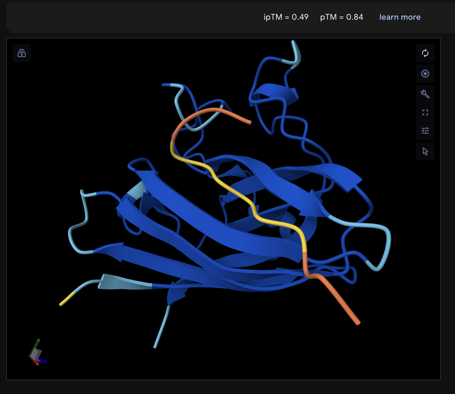 AF3-predicted pose: SOD1-A4V β-barrel (blue) with PepMLM Peptide 1 (<code>WRYGVYAVAHKG</code>, orange/yellow ribbon) docked at the back face of the barrel — the electrostatic-loop surface (residues 138, 142, 144) far from the A4V site at the N-terminus. Top-model ipTM = 0.49.