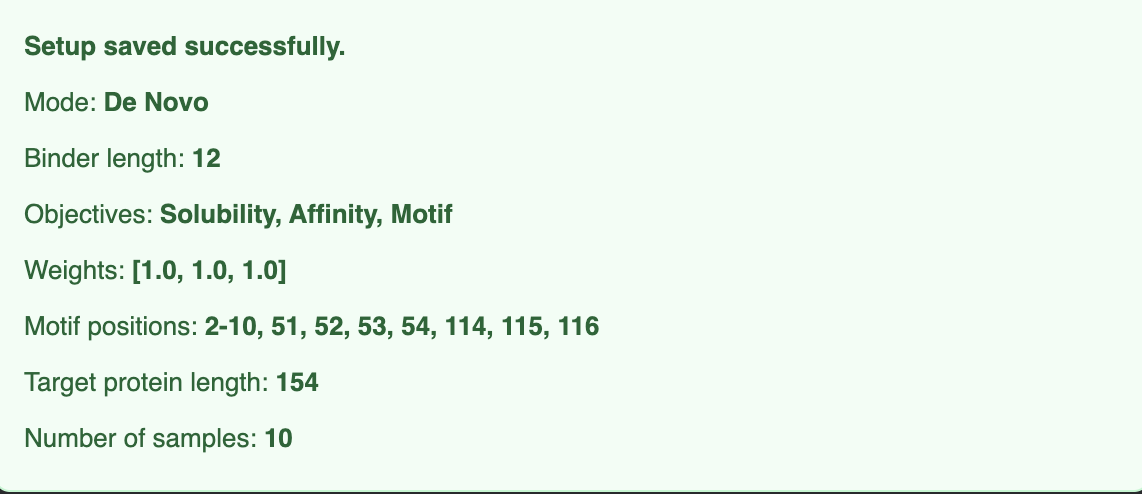 moPPIt setup panel — De Novo mode, binder length 12, objectives [Solubility, Affinity, Motif] with equal weights, motif positions covering both target patches. The screenshot shows the initial <em>combined</em> motif setup before splitting into two separate runs (Run A = A4V cluster, Run B = dimer interface).
