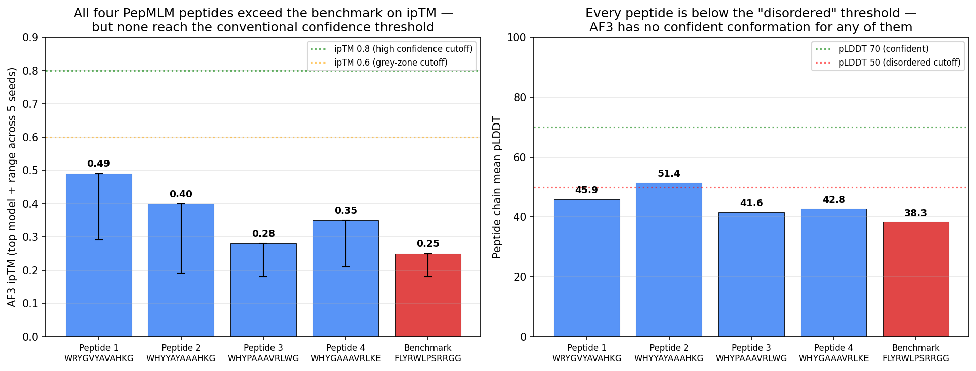 ipTM and pLDDT comparison across all 5 SOD1-A4V AF3 jobs. <strong>Left:</strong> All four PepMLM peptides exceed the benchmark on ipTM, but none reach the conventional 0.6 grey-zone threshold; error bars show spread across the 5 seeds. <strong>Right:</strong> Every peptide’s mean chain-B pLDDT sits at or below the “disordered” cutoff (50) — AF3 has no confident conformation for any of them.