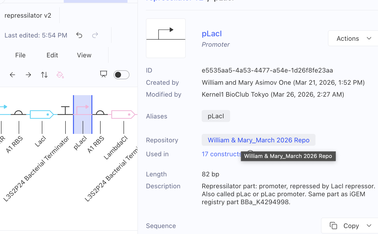 Root cause identified: Kernel part inspector showing the W&M repository pLacI (BBa_K2994998 / pLac). Wild-type single operator — Hill coefficient ~1. This is the part that kept the repressilator locked in a stable fixed point across six iterations.