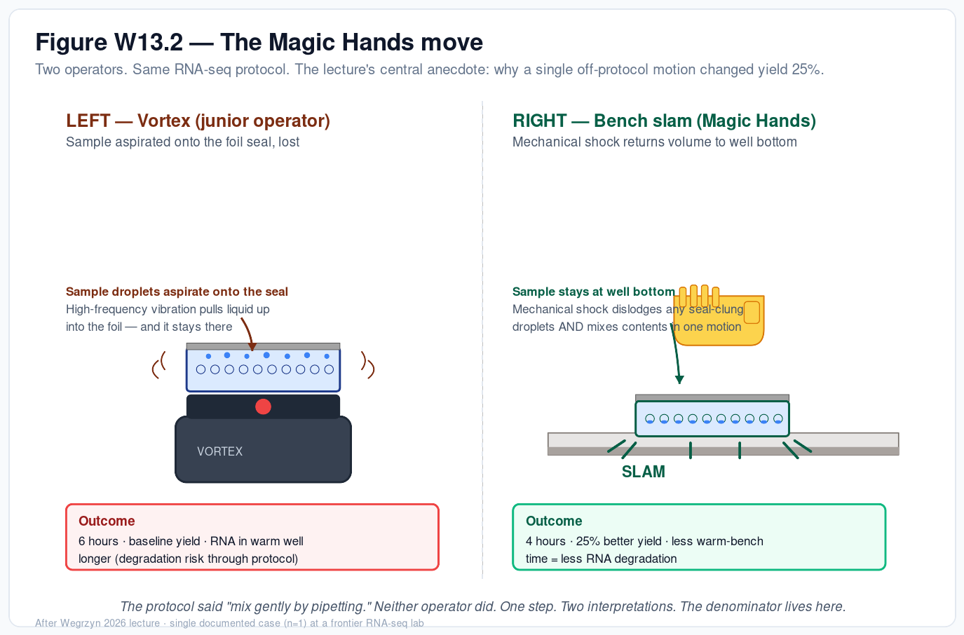 Figure W13.2 — The Magic Hands move. Side-by-side cartoon of the same RNA-seq mixing step performed two ways. LEFT: the junior operator places the sealed plate on a vortex; high-frequency vibration aspirates sample droplets up onto the underside of the foil seal where they cling and are lost. Outcome: 6 hours, baseline yield, RNA spends longer at room temperature. RIGHT: Magic Hands grips the sealed plate and slams it against the lab bench; the mechanical shock dislodges any seal-clung droplets back to the well bottom and mixes the contents in a single motion. Outcome: 4 hours, 25% better yield, less warm-bench time and therefore less RNA degradation. The protocol said &ldquo;mix gently by pipetting.&rdquo; Neither operator did. One step. Two interpretations. The denominator lives here.