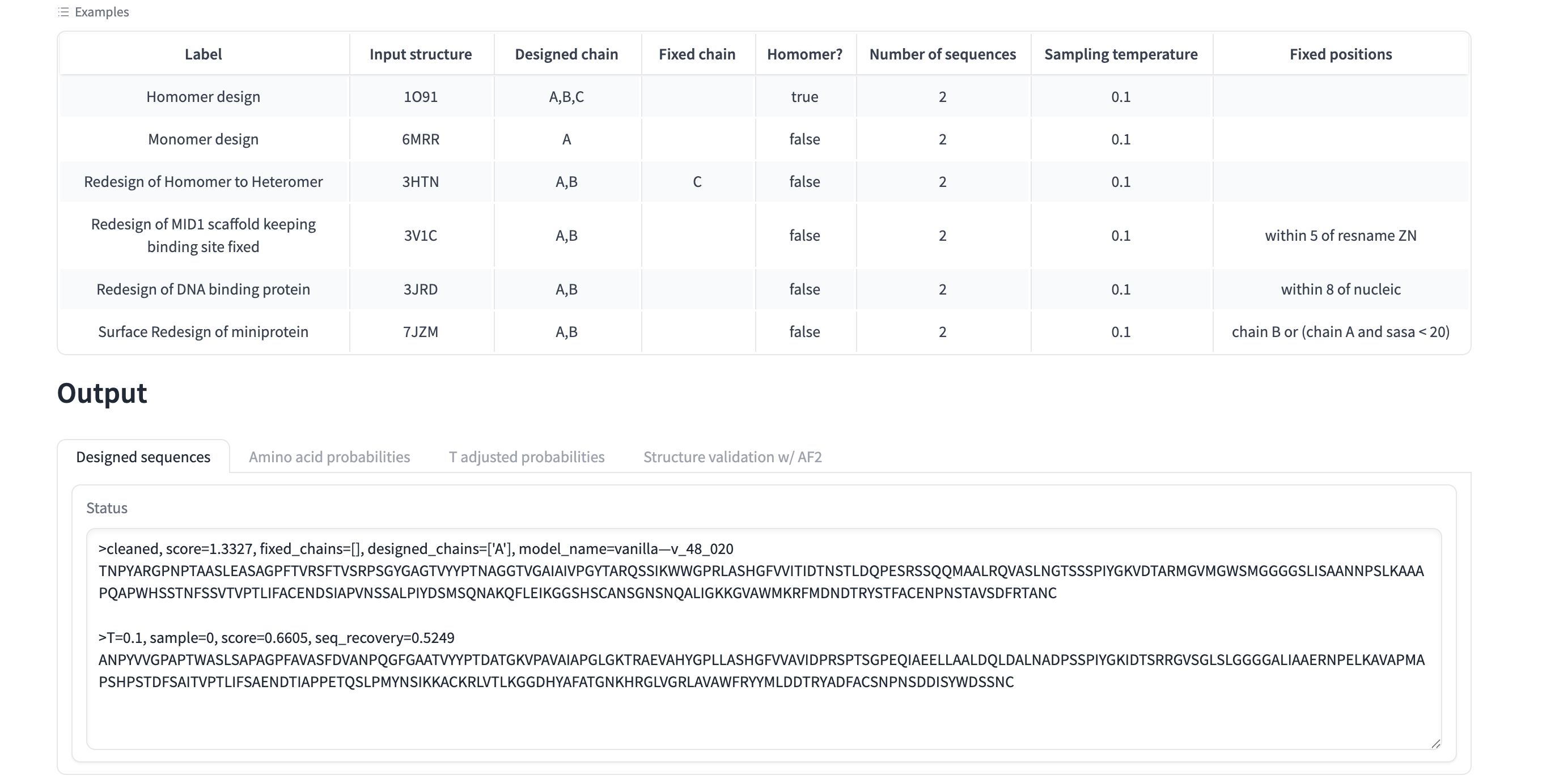 ProteinMPNN inverse-fold output and designed sequences