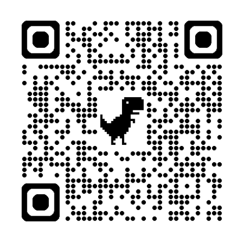 T-Rex QR code design — monochrome pixel art combining QR code structure with a central dinosaur silhouette