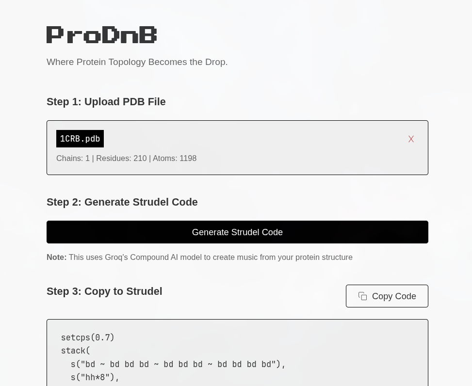 ProDnB WebUI — Upload PDB, Generate Strudel Code, Copy to Strudel