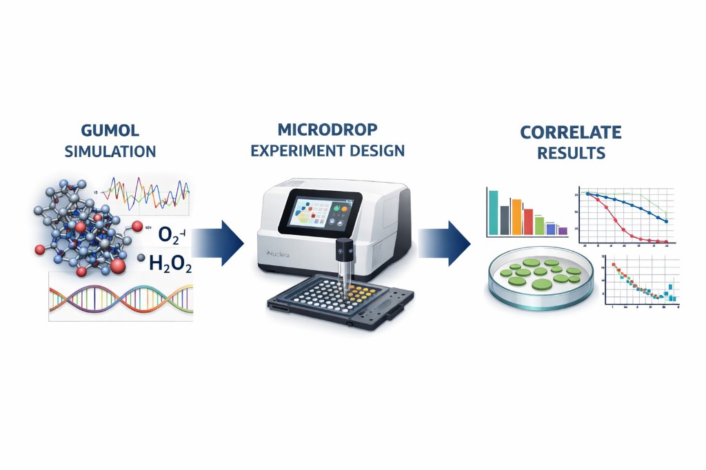 Gumol Microdrop workflow — Gumol Simulation → Microdrop Experiment Design (Nuclera) → Correlate Results