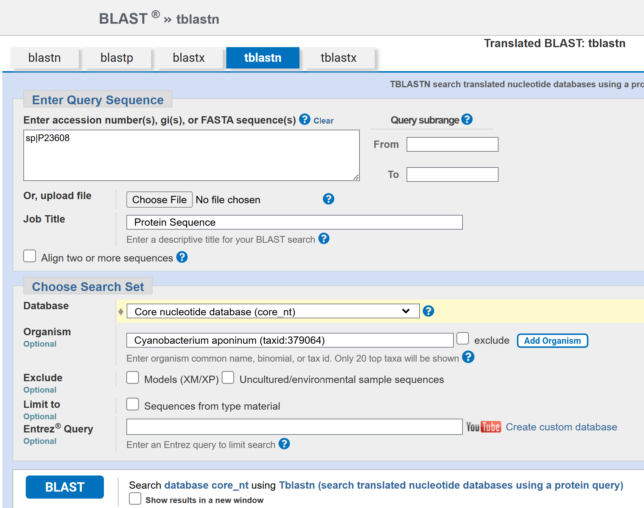 BLAST search set-up