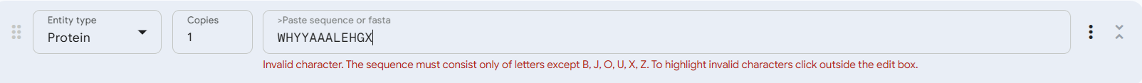 Alphafold query form showing an error for three candidate binders whose sequences ended in &lsquo;X&rsquo;