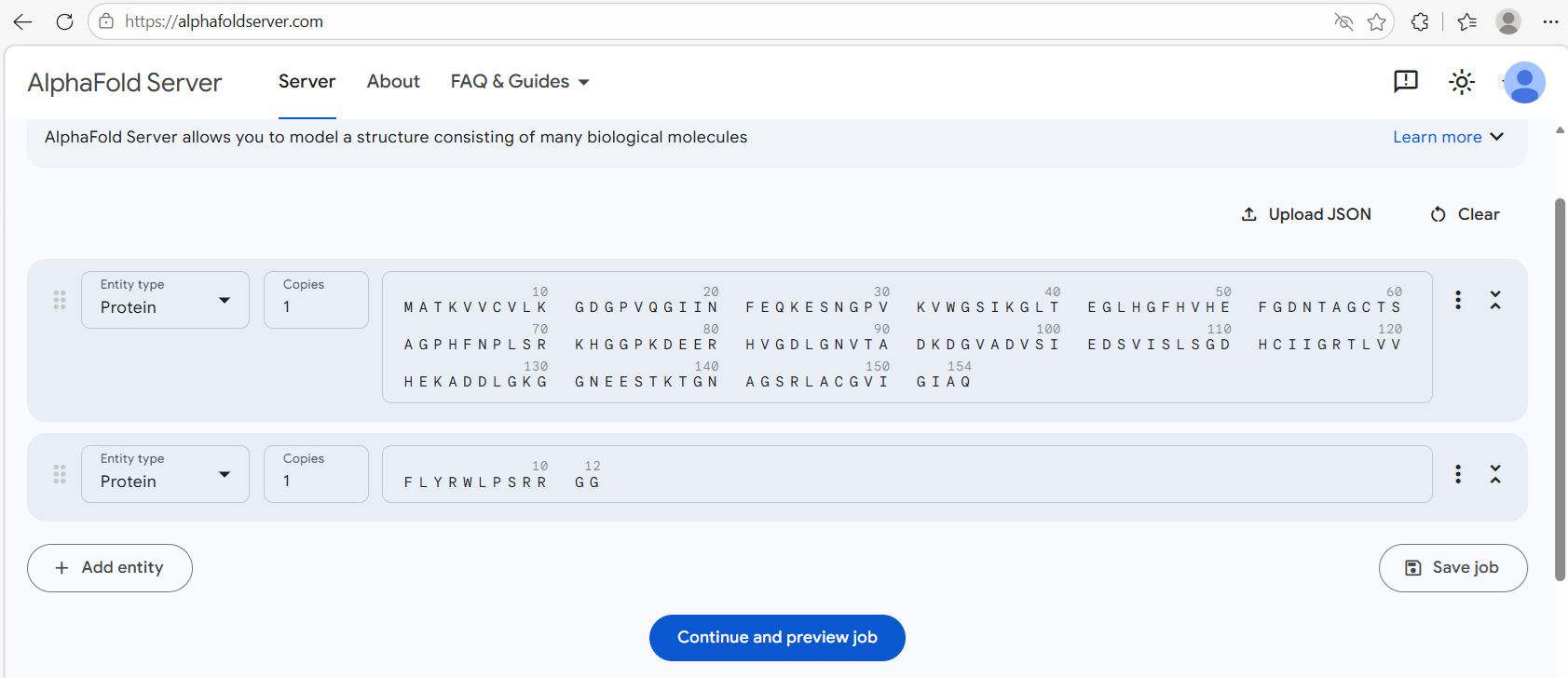 Alphafold query form. Specifying the A4V mutation of SOD1 and a peptide.