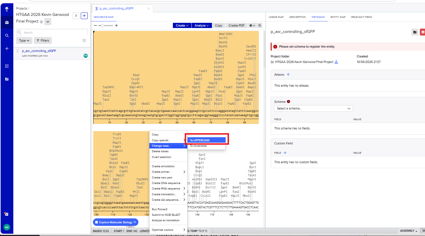 Annotate all the parts of the insert sequence: Promoter (Pasr), RBS, Start Codon, Coding Sequence (sfGTP), 7x His Tag, Stop Codon, Terminator (BBa_B0016)