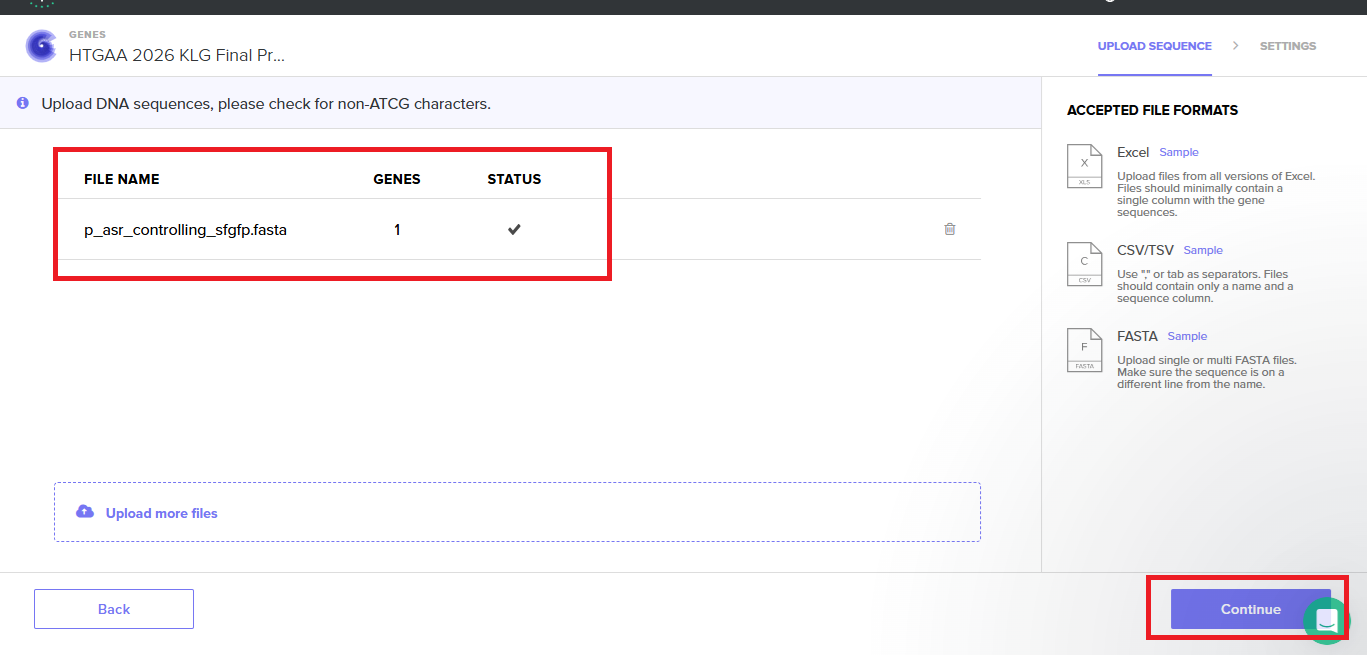 The FASTA file should then appear as having been uploaded