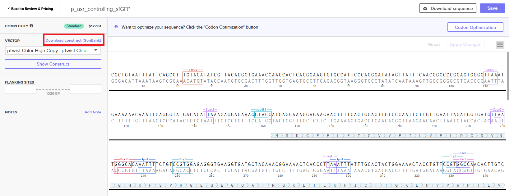 Download the generated Genbank file for the plasmid that now includes the insertion sequence