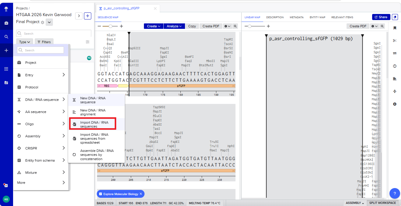 Go back to Benchling to import the plasmid sequence described by the Genbank file