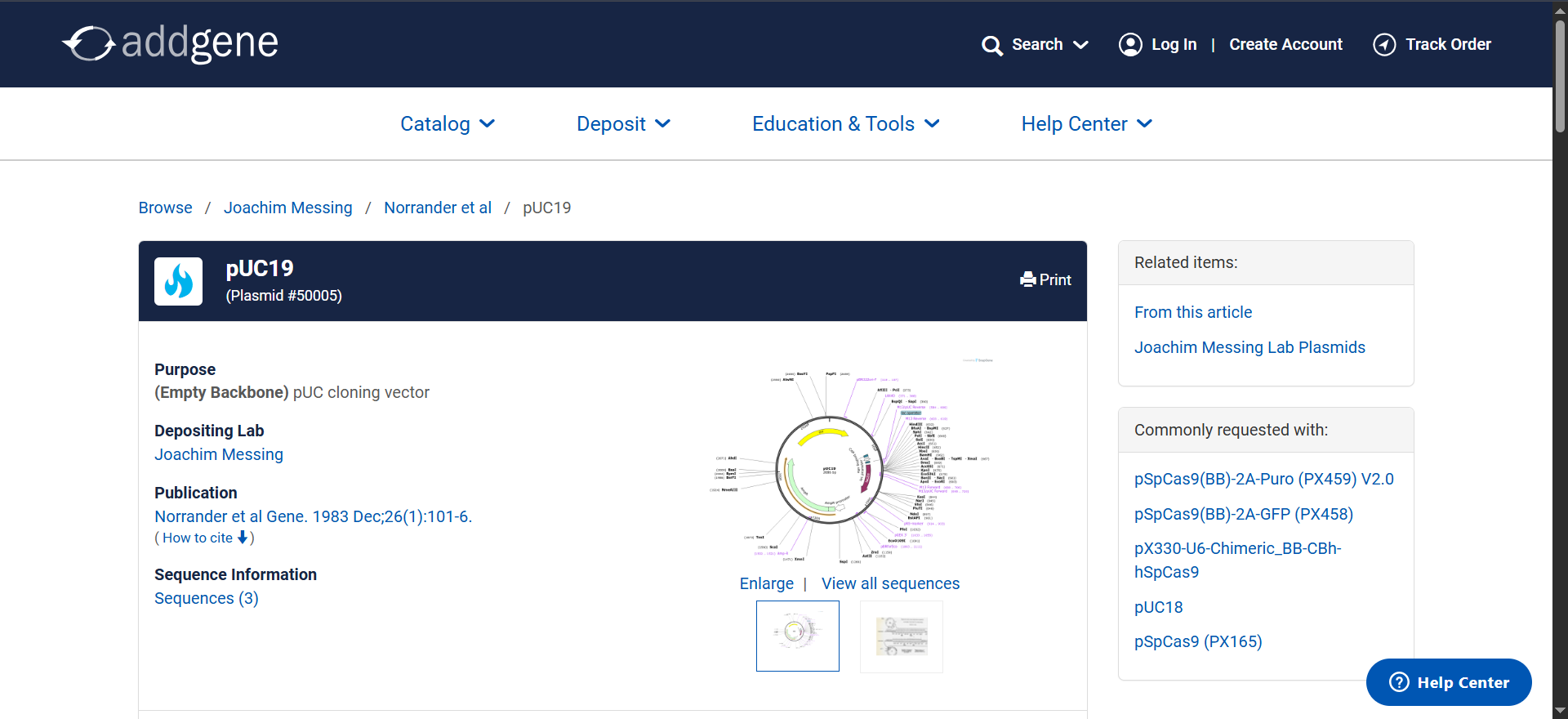pUC19 Addgene Entry