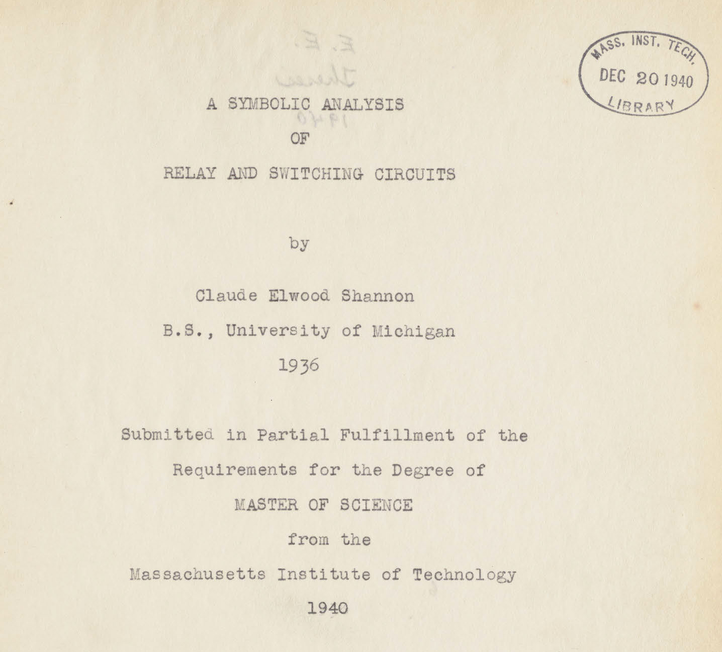 Title page of Claude Shannon's master's thesis