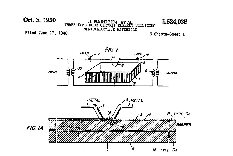 Original transistor patent diagram by Bardeen et al.