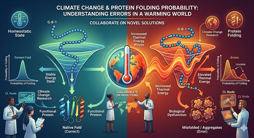 This visualization illustrates the core of your final project: how climate change disrupts the delicate internal energy landscapes required for proteins to fold correctly.
This detailed 3D infographic creates a narrative landscape, contrasting a stable environment with the 'Elevated Thermal Energy State' of a warming world.
Homeostatic State (Cool Zone): On the left, under a stable climate, the protein chain rolls smoothly down a clear potential energy funnel into its deep, well-defined well, labeled Native Fold (Correct). This leads to Functional Proteins and functional biology. A chart shows high correct folding probability.
Climate-Induced Impact (Warming Zone): On the right, environmental waves of fiery red and orange heat ripple through the scene, distorting the funnel. The energy wells are shallower and broader. The protein chain rolls down but gets trapped or diverted, forming tangled Misfolded Intermediates / Aggregates (Error), labeled as Biological Dysfunction. The charts show a clear shift toward error probability.
Collaboration Calls: Icons for diverse scientists and research groups (labeled with your project's context) indicate the needed global research network. The central title directly state JOIN THE RESEARCH: COLLABORATE.
This image will serve as a powerful summary and invitation for others to join you in understanding these critical climate-induced biological problems.