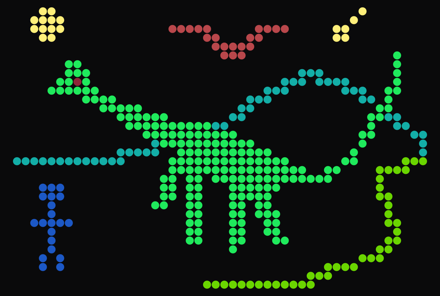 A large green dinosaur in the middle with a smaller blue human on the left to scale. There is a yellow sun in the top left, a large red in the top middle, and an asteroid in the top right. The lifeforms are enjoying the blue-green horizon, unbeknownst to...
