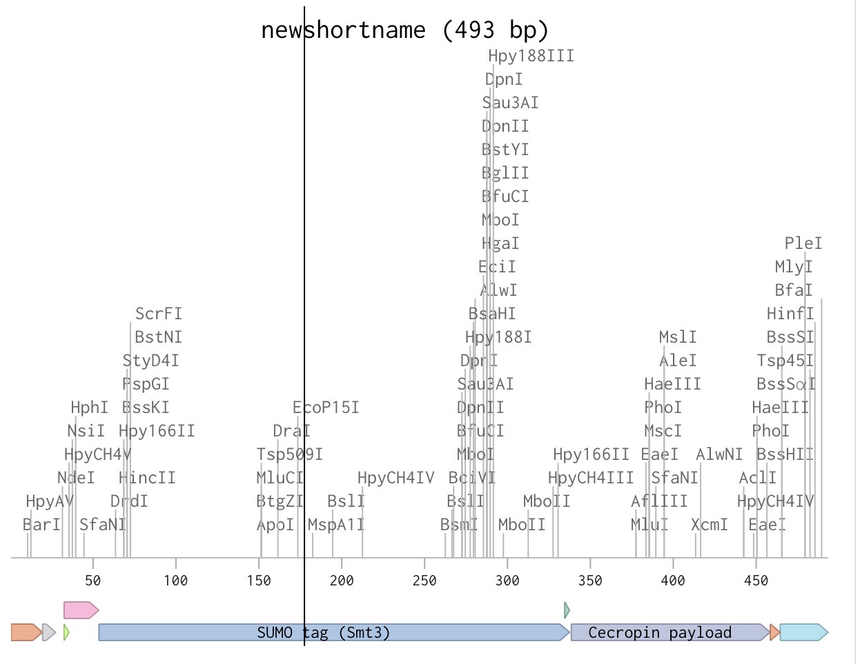 Benchling sequence view — full insert with restriction sites