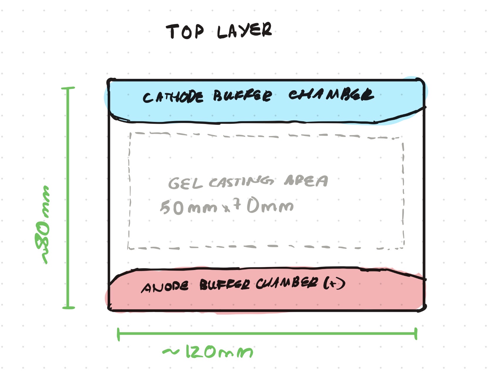 Fig. 6 — Top layer: gel tray with cathode/anode buffer chambers and 50×70mm casting area