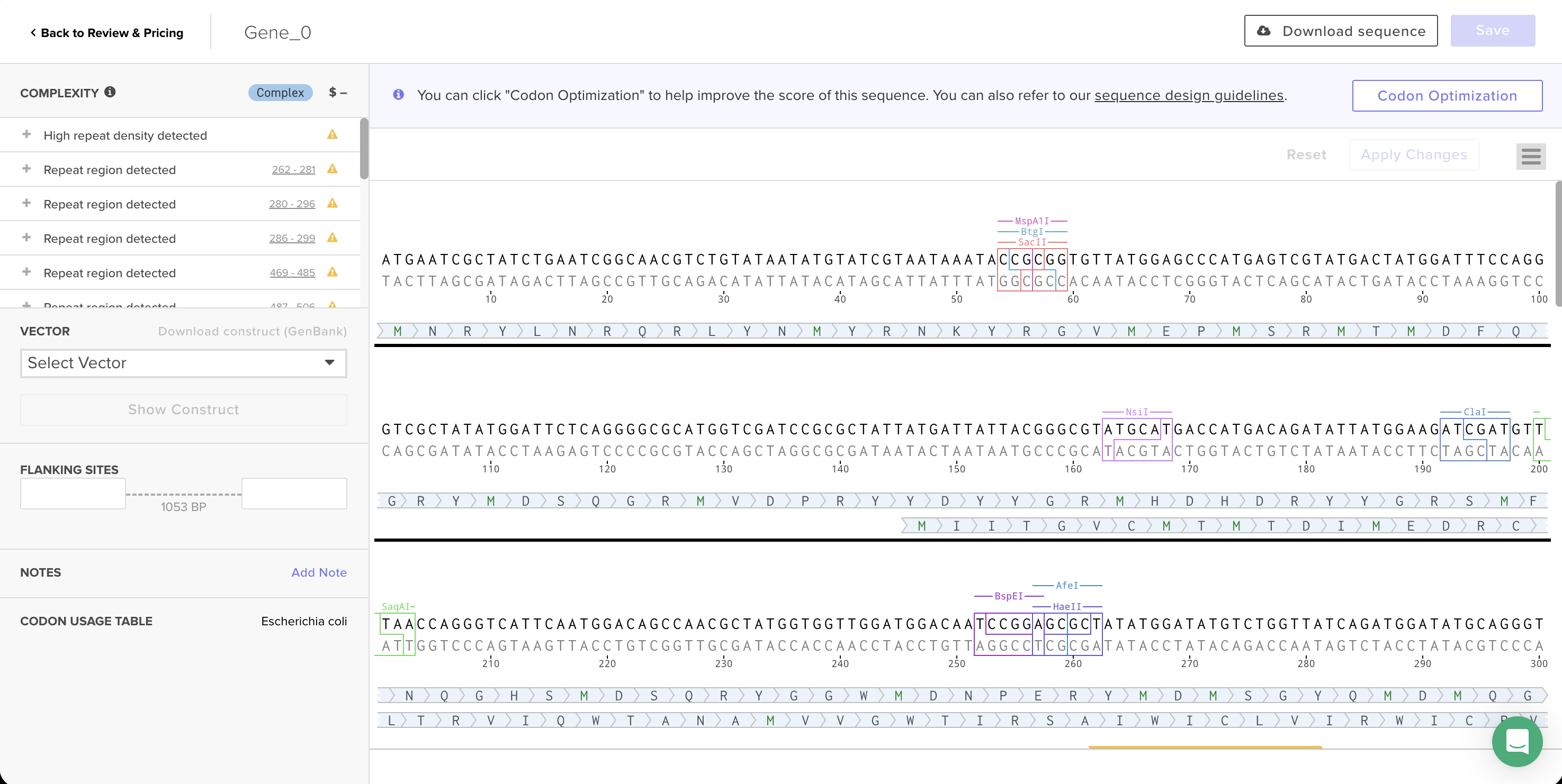 Twist codon optimization for E. coli