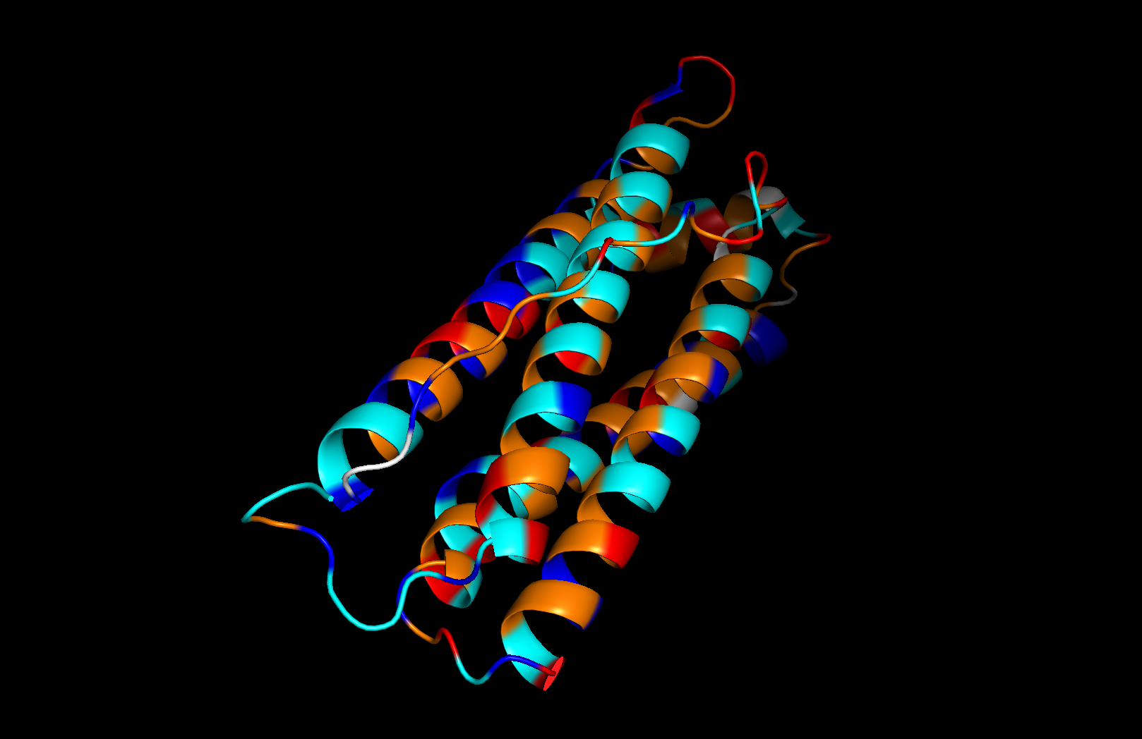 Residue type coloring — orange: hydrophobic, cyan: hydrophilic, blue: positive, red: negative