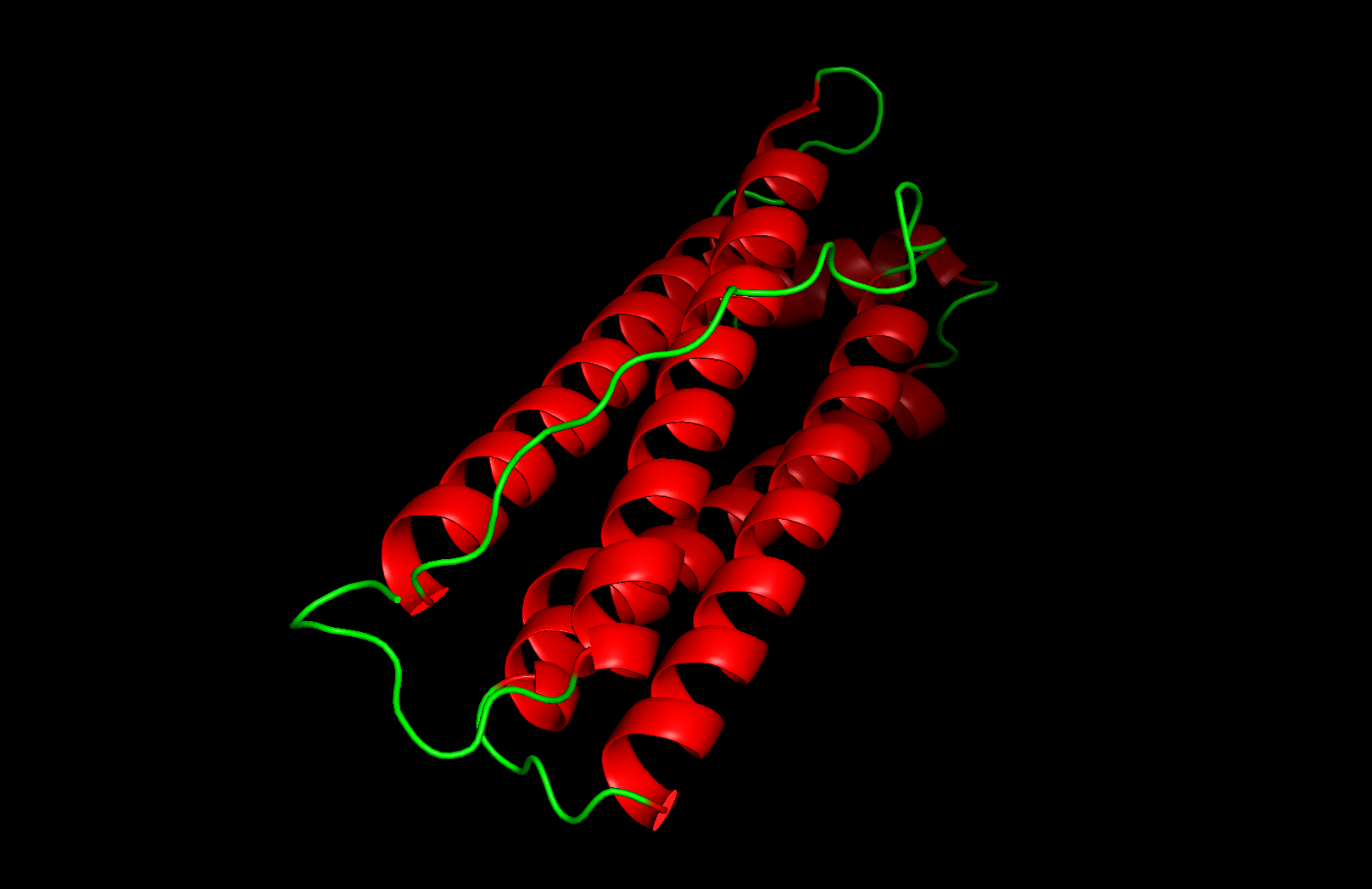 Secondary structure coloring — red: α-helices, green: loops
