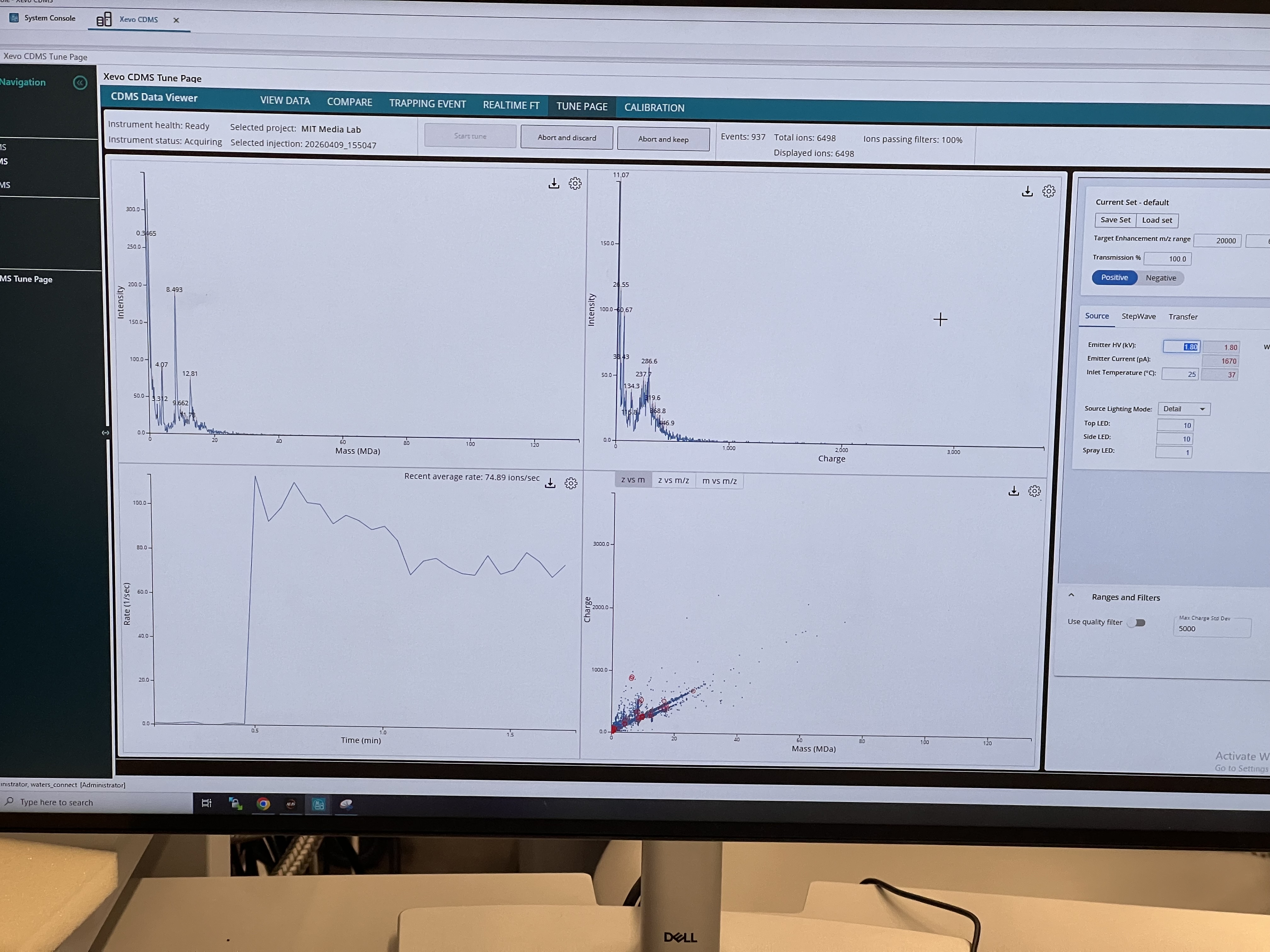 CDMS Tune Page showing KLH spectrum during acquisition