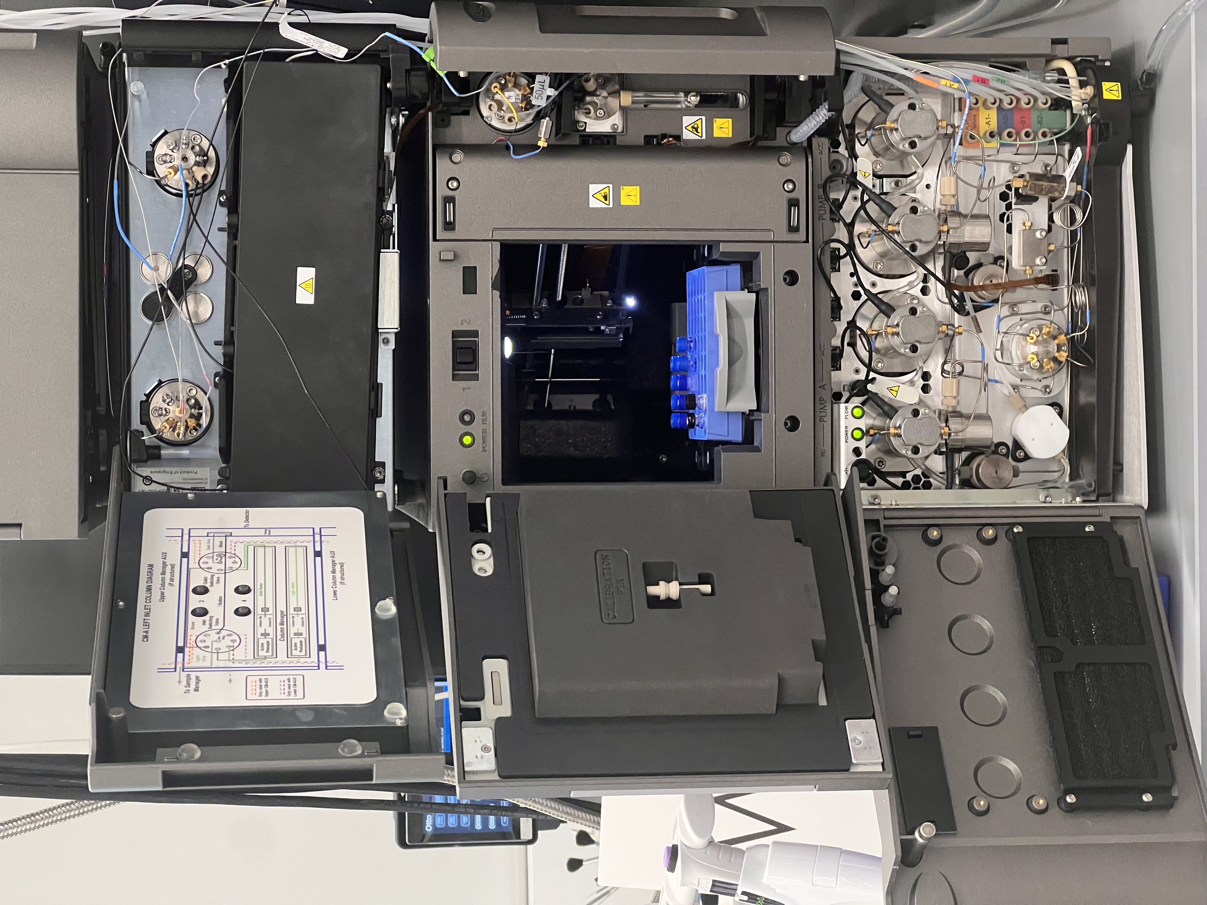 UPLC system showing autosampler tray and pump compartments