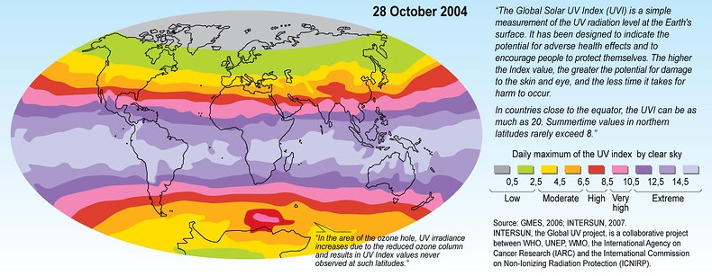 Global Solar UV Index world map — daily maximum UV under clear skies.