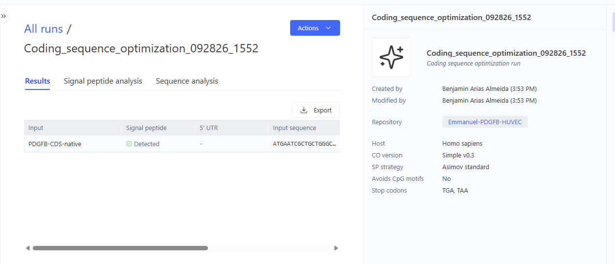 P4A-3 Run page, Results tab, with the details on the right