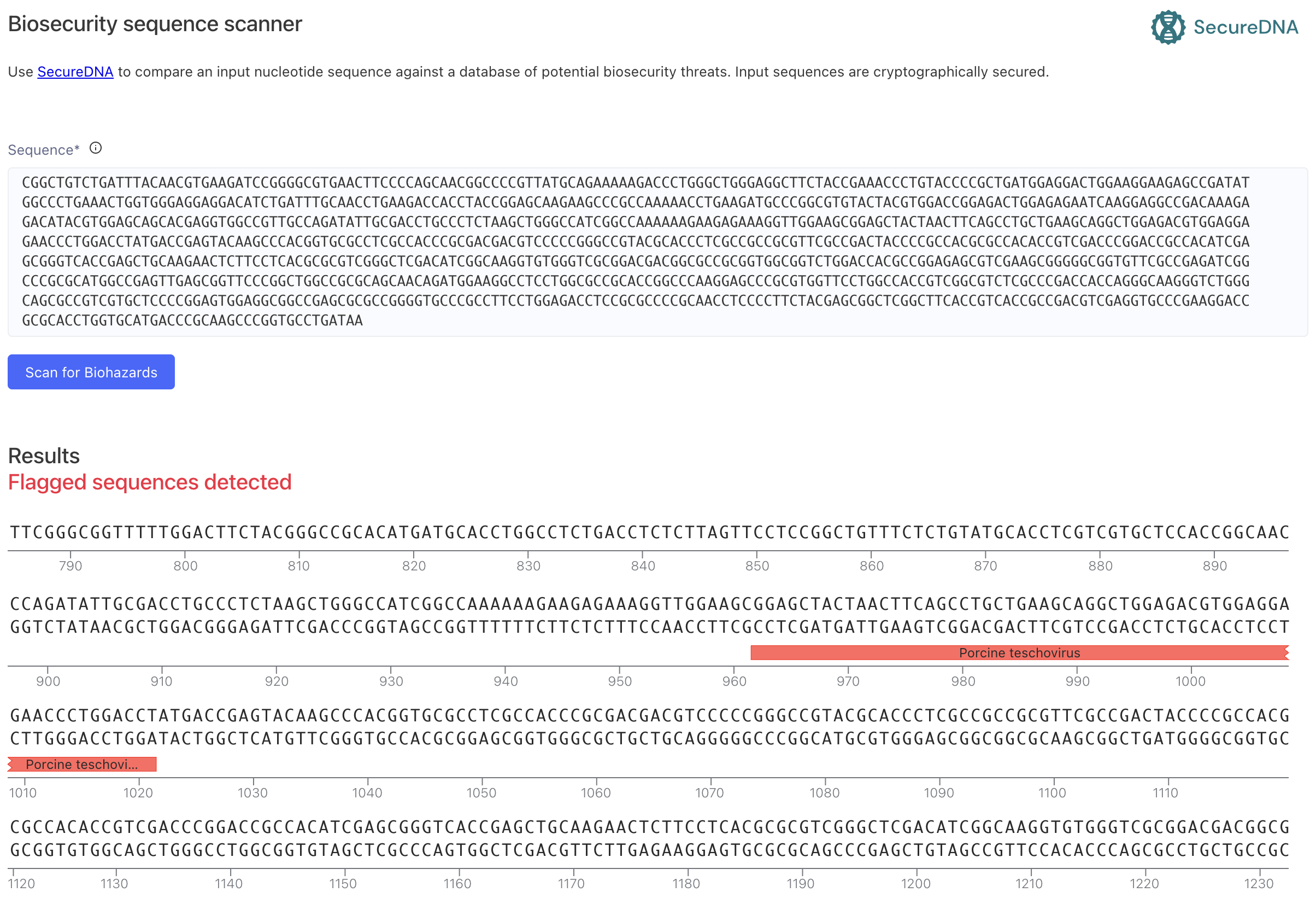 SecureDNA biosecurity scan: one flagged region, Porcine teschovirus