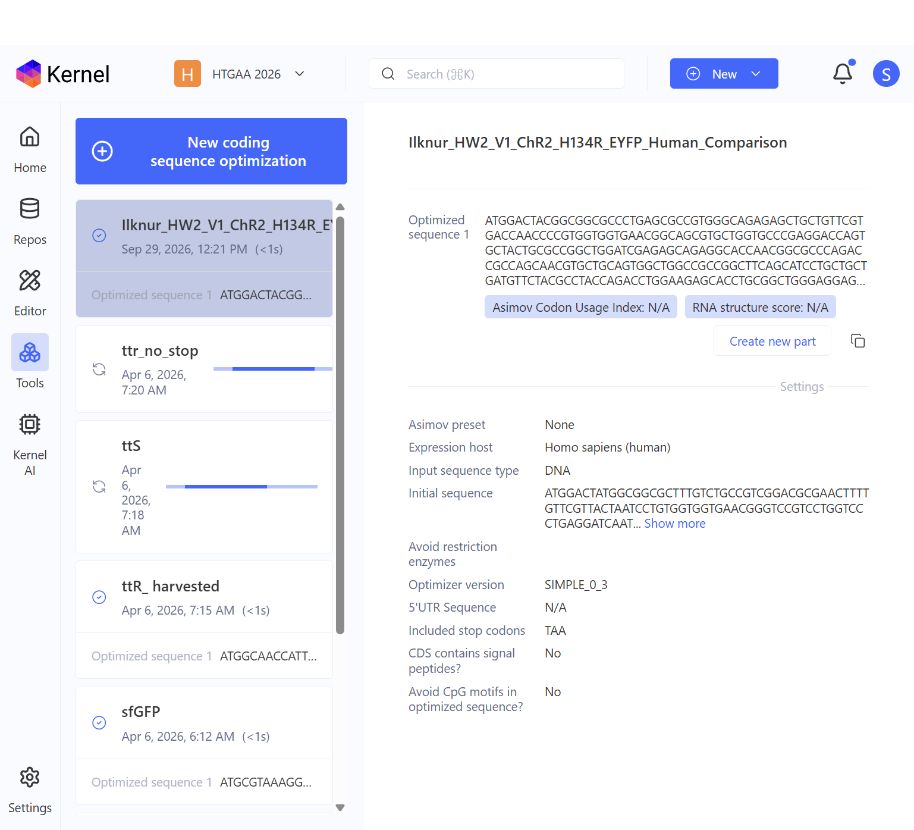 Kernel codon optimization result with human host and SIMPLE_0_3 settings
