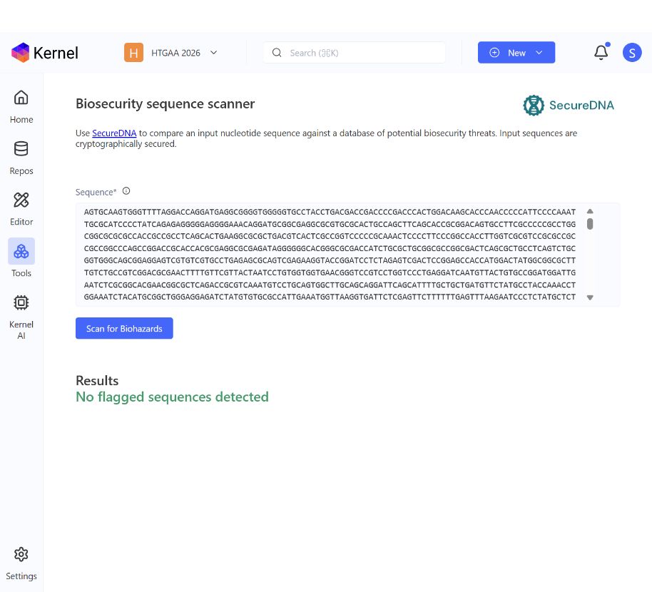 SecureDNA screening result showing no flagged sequences detected