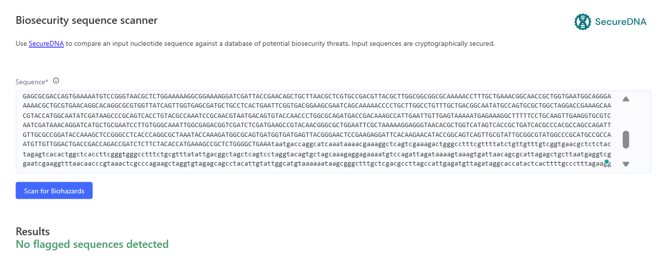 SecureDNA biosecurity scan: no flagged sequences