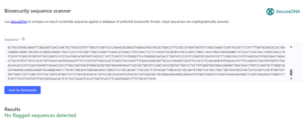 SecureDNA biosecurity screening of the complete BcsA-BcsB expression construct.