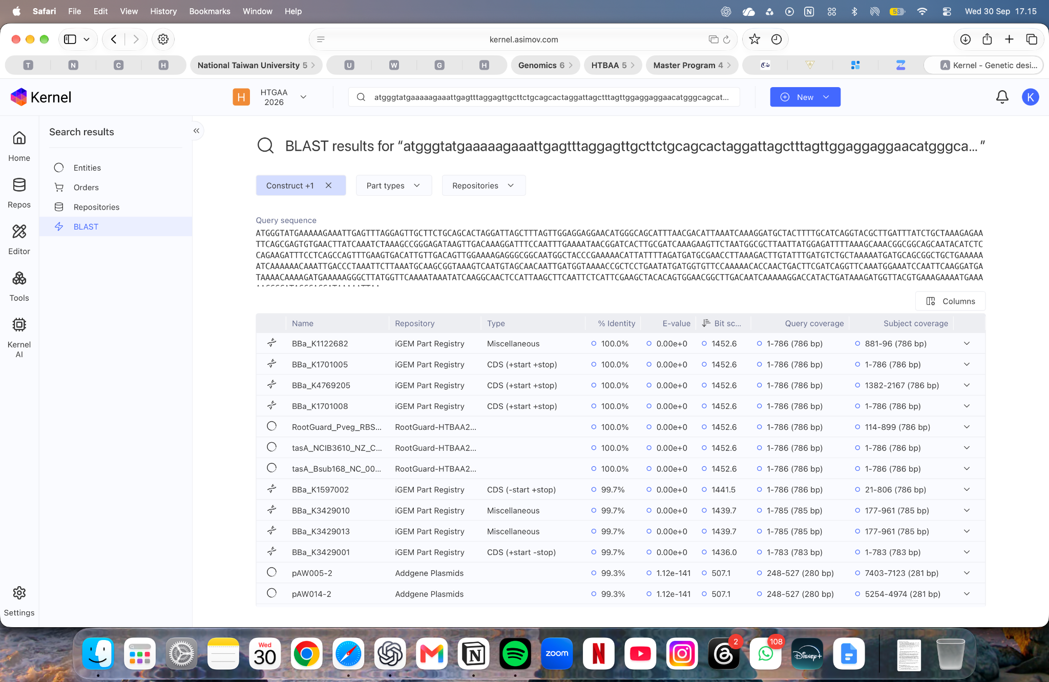 Native TasA full-length sequence-search results