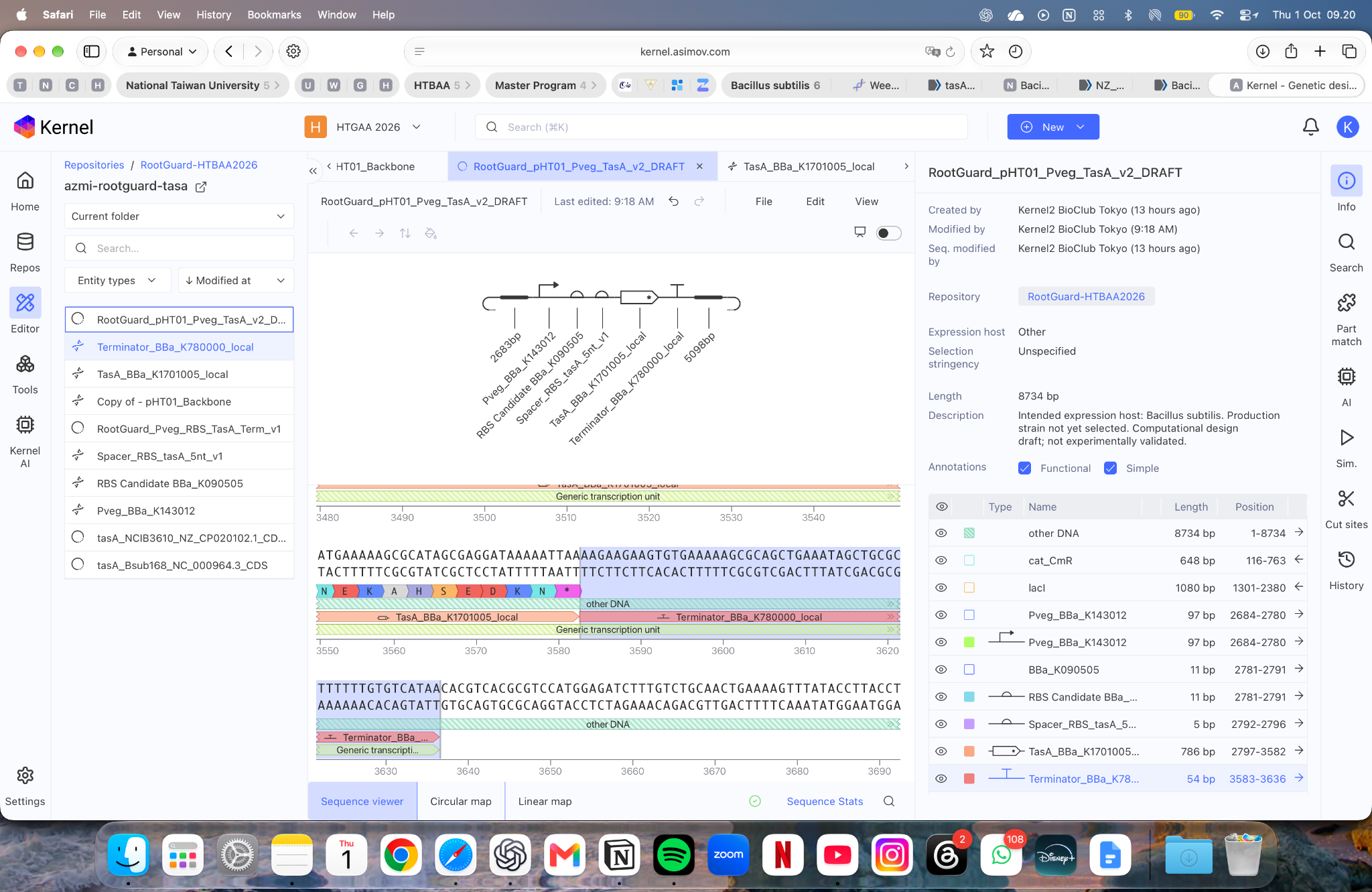 Kernel editor showing the assembled v2 parts, repository, host description and 8734-bp length