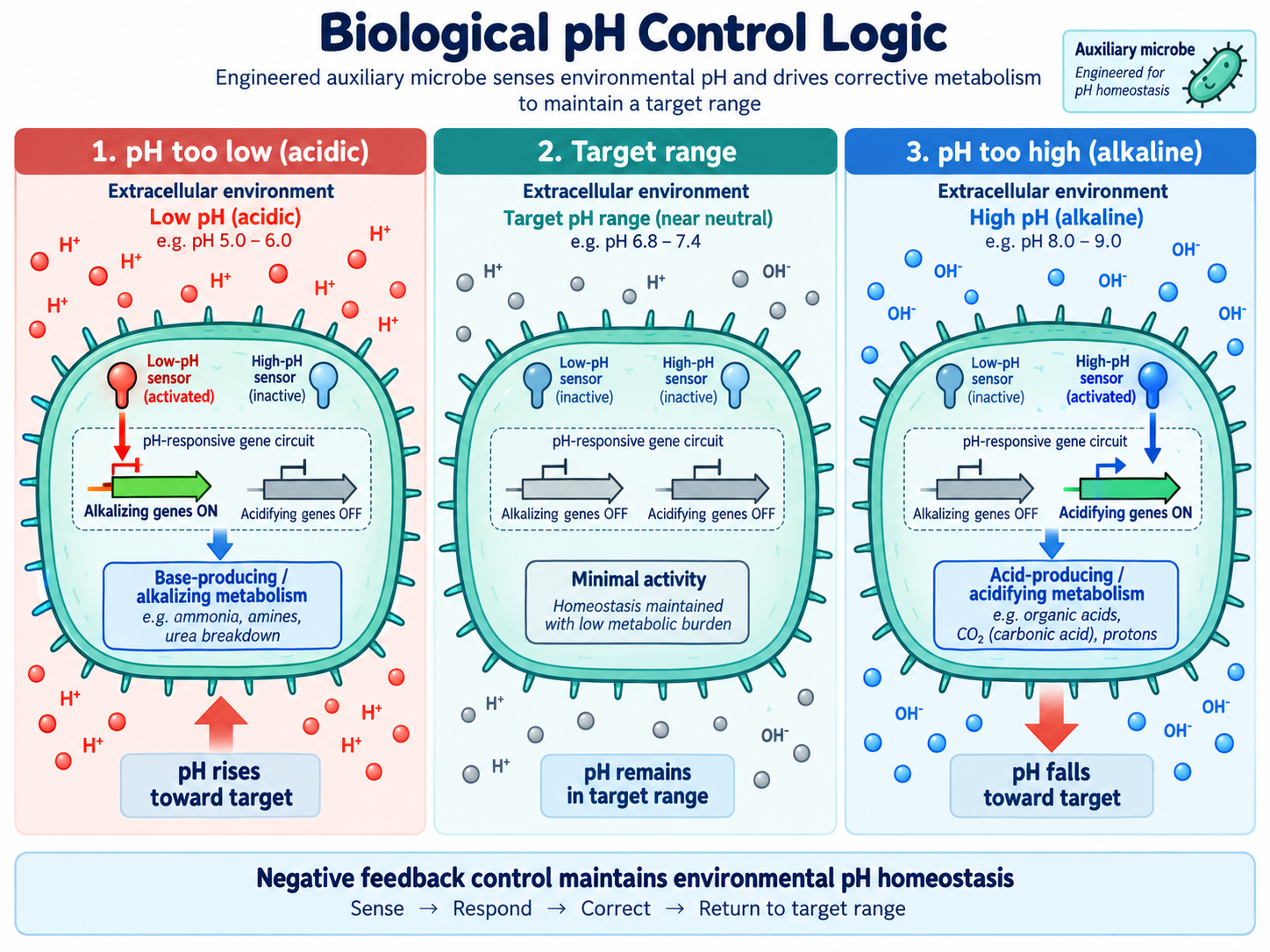 Figure 2 — three panels showing the engineered auxiliary microbe at low pH, inside the target range, and at high pH. At low pH the low-pH sensor activates alkalizing genes; inside the band both sensors are inactive and the circuit stays quiet; at high pH the high-pH sensor activates acidifying genes.