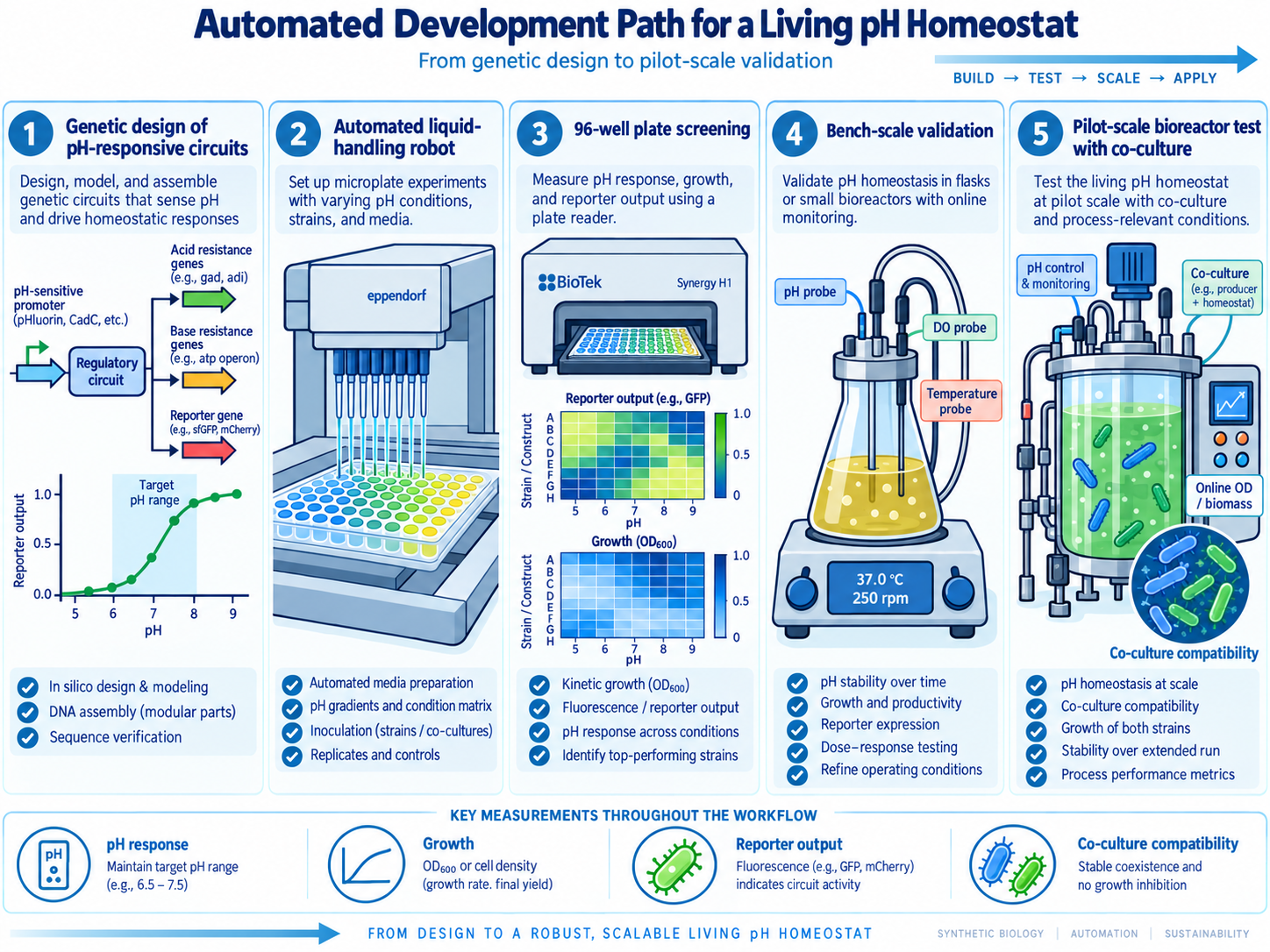 Figure 3 — a five-stage development path: genetic design of pH-responsive circuits, automated liquid handling, 96-well plate screening with reporter and growth heatmaps, bench-scale validation in an instrumented flask, and a pilot-scale bioreactor test with co-culture.